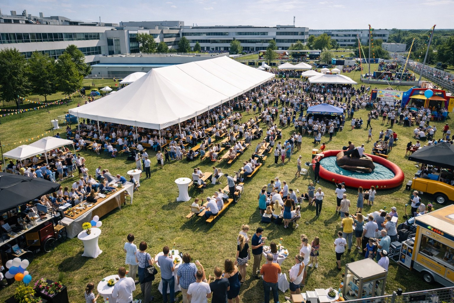 Mitarbeiterfest im Freien mit Zelten und Attraktionen